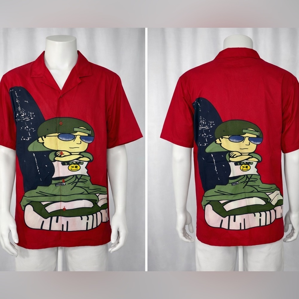 Gnarly Graphic Button Up Shirt XL Red Cartoon Streetwear Y2K Skate Retro Camp